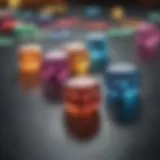 A close-up view of colorful dice on a gaming table.