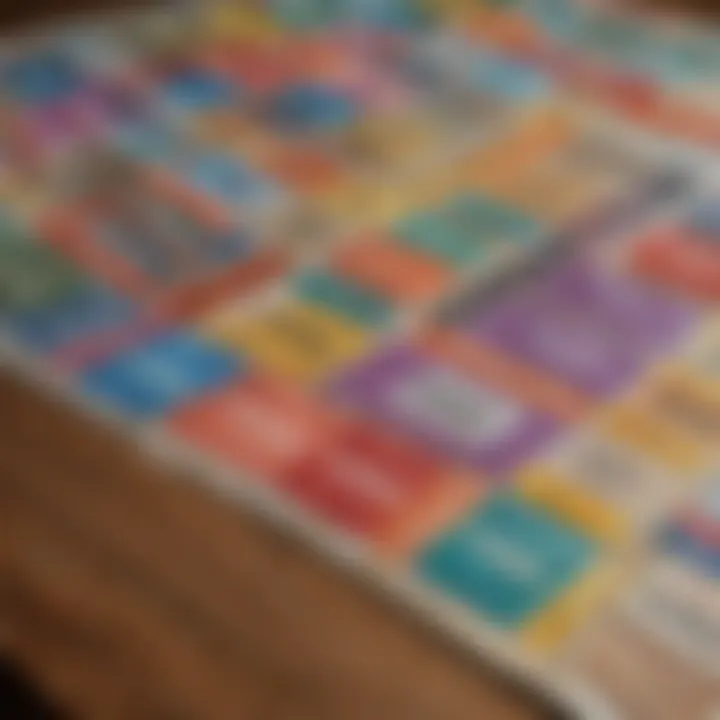 A close-up view of colorful scratch off tickets displayed on a wooden table