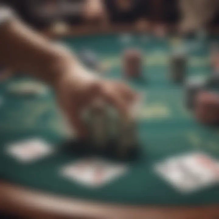 A close-up of a poker table showcasing a tense game